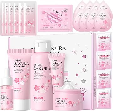 24PCS Cherry Blossom Extract Skincare Set Moisturing Kit & Skin Care Sets, Cleanser, Toner, Eye Cream, Serum, Essence Cream, Lip Mask, Lotion, Mud Mask, Sleeping Mask