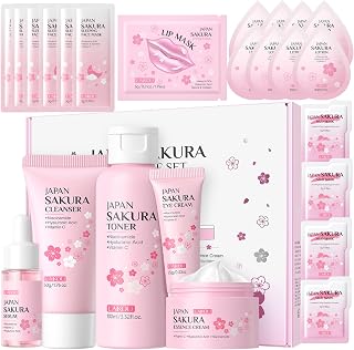24PCS Cherry Blossom Extract Skincare Set Moisturing Kit & Skin Care Sets, Cleanser, Toner, Eye Cream, Serum, Essence Cream, Lip Mask, Lotion, Mud Mask, Sleeping Mask