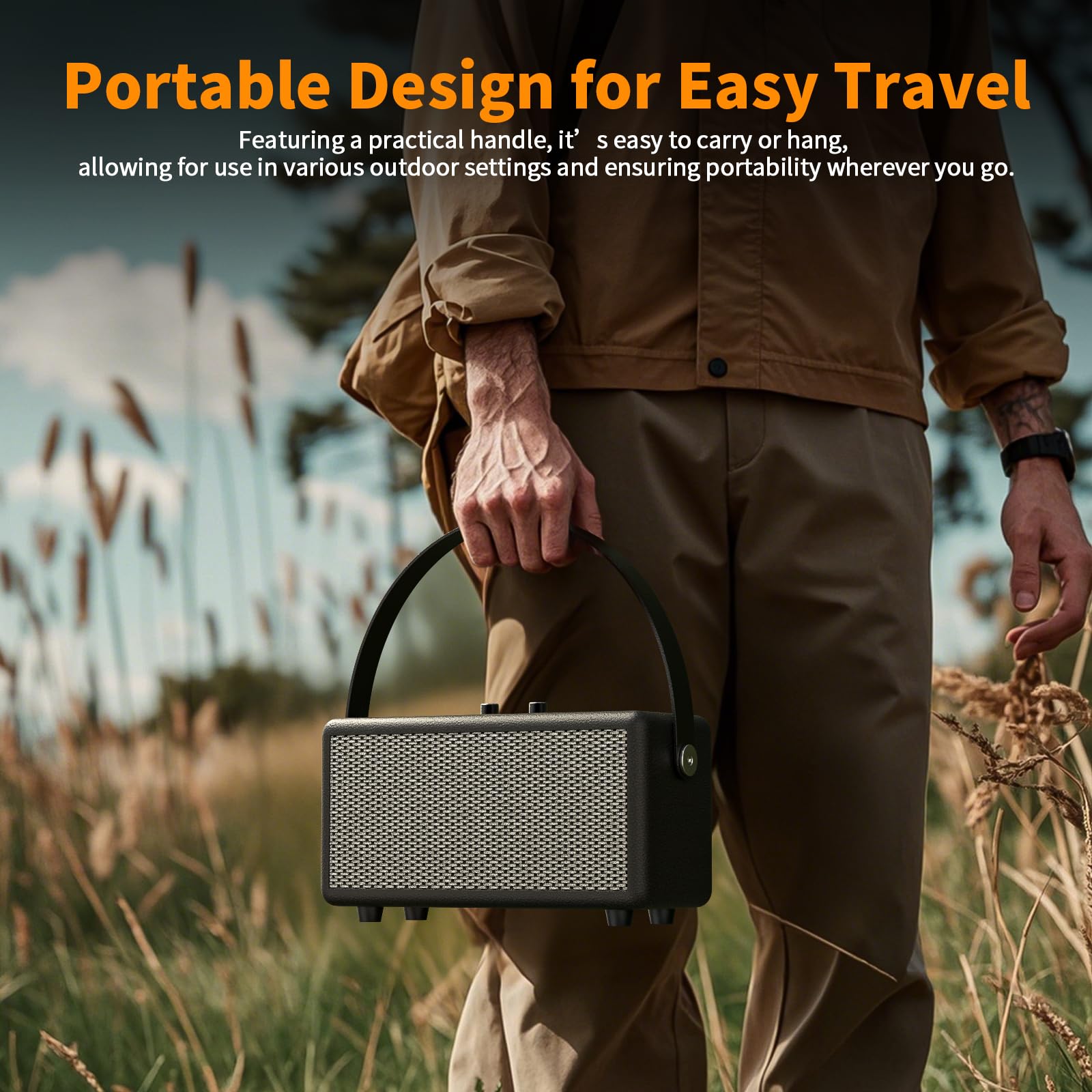 Cassa Bluetooth Retrò con Manico in Pelle | Stile retrò, bassi profondi, manopole, ideale per casa, viaggi e feste
