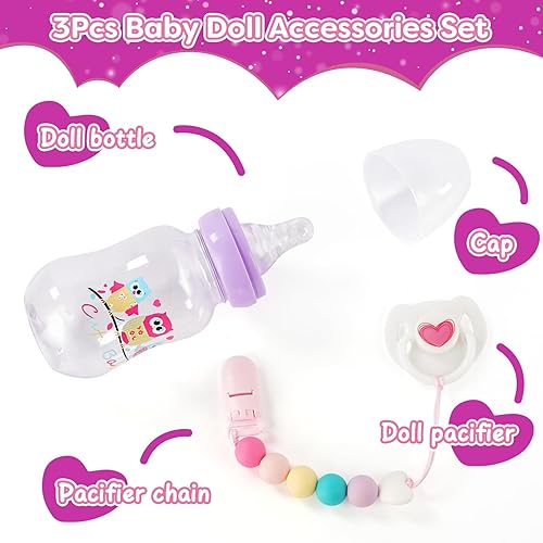 Miniatura 3 de BABESIDE Juego de 3 biberones para muñeca, juego de accesorios para muñecas con biberón de juguete y clip de chupete de silicona, chupete magnético