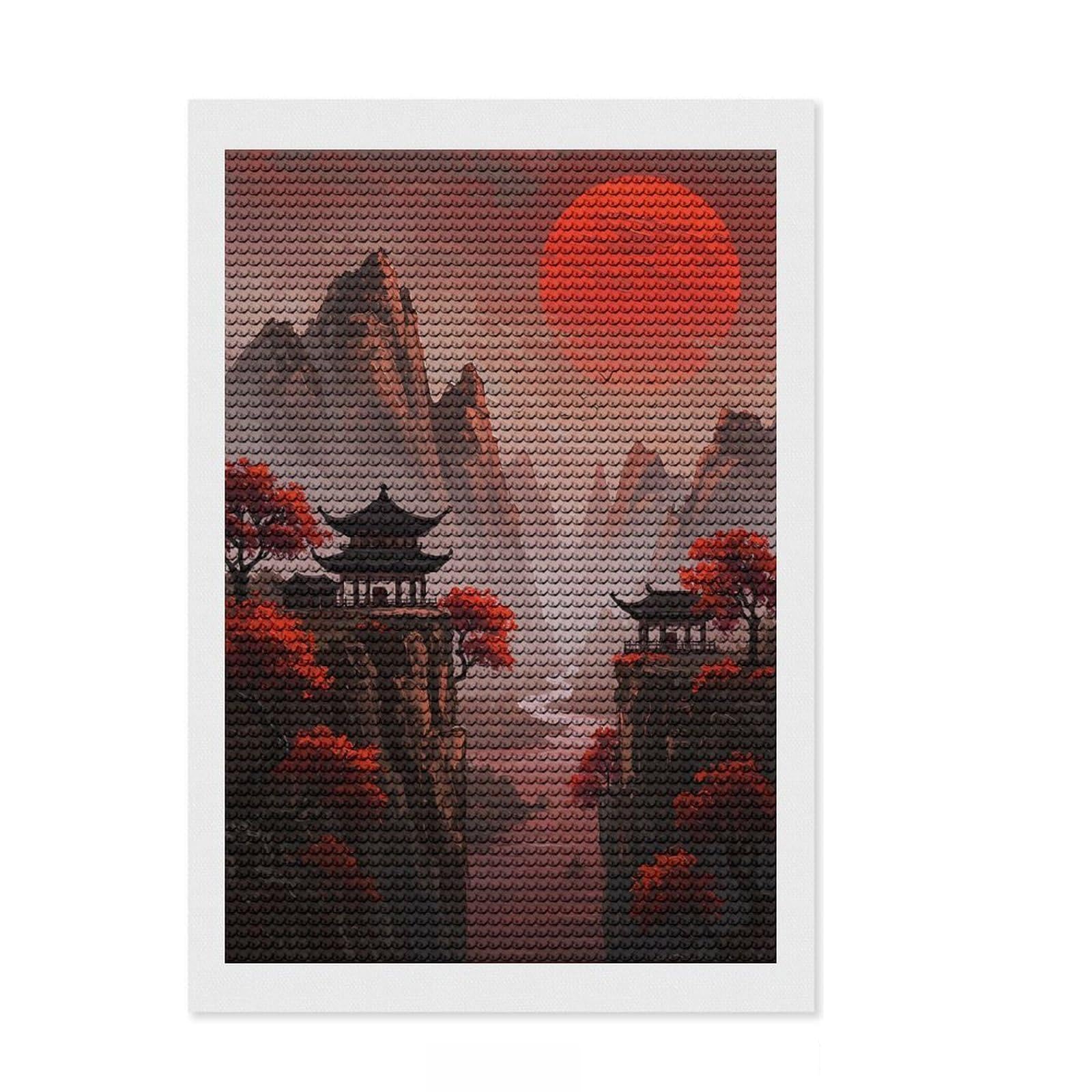 Junmoney Red Sunset Over Mountains Diamond Art Canvas 8"x12", Sparkling Round Gems, Neat Printed Canvas, with Tool Kit, Office Decor, Printed Canvas