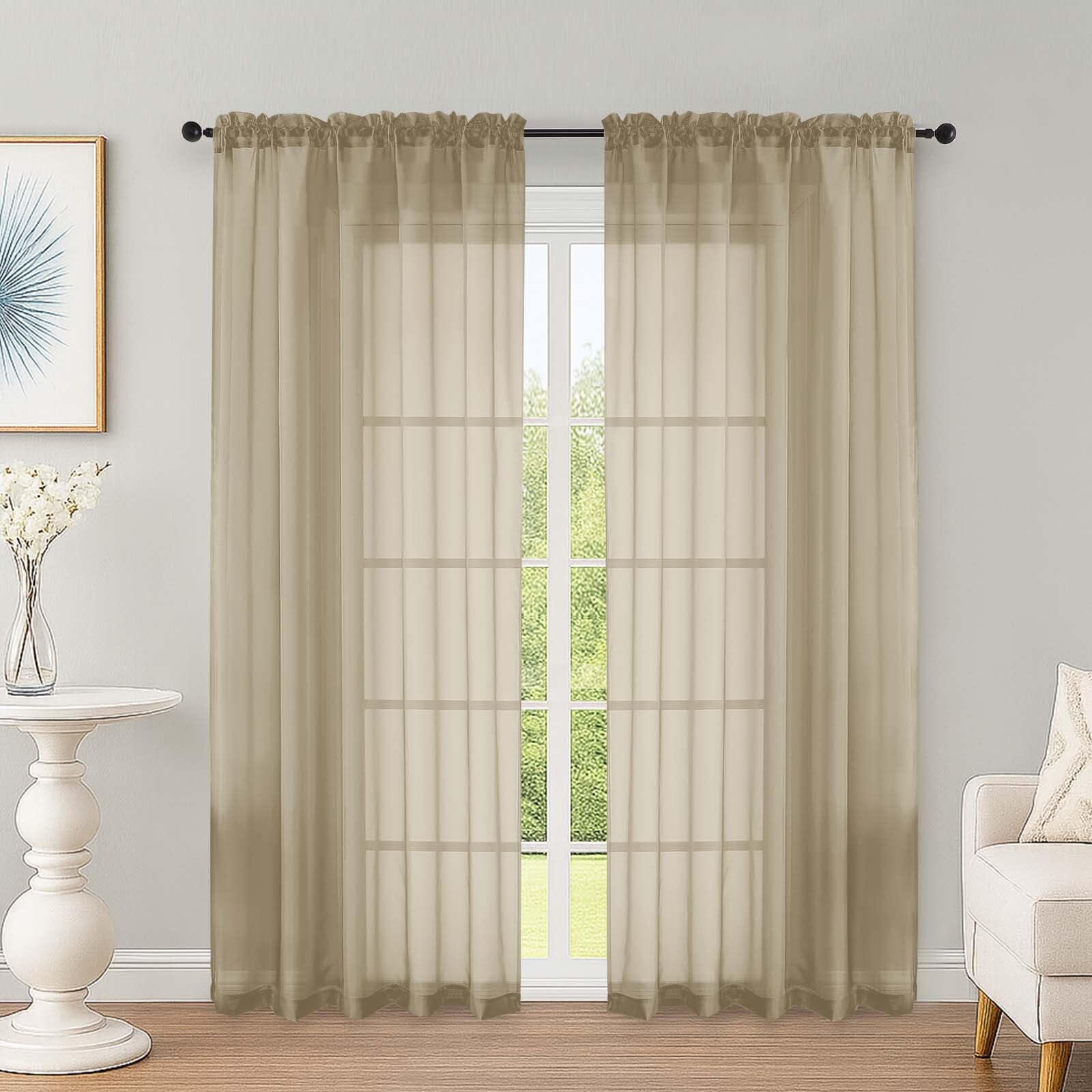 Taupe Sheer Curtains 72 Inches Long 2 Panels Set, Transparent Voile Sheer Curtain for Living Room Bedroom Window Sliding Glass Door Treatment, 59 x 72 Inch, Taupe