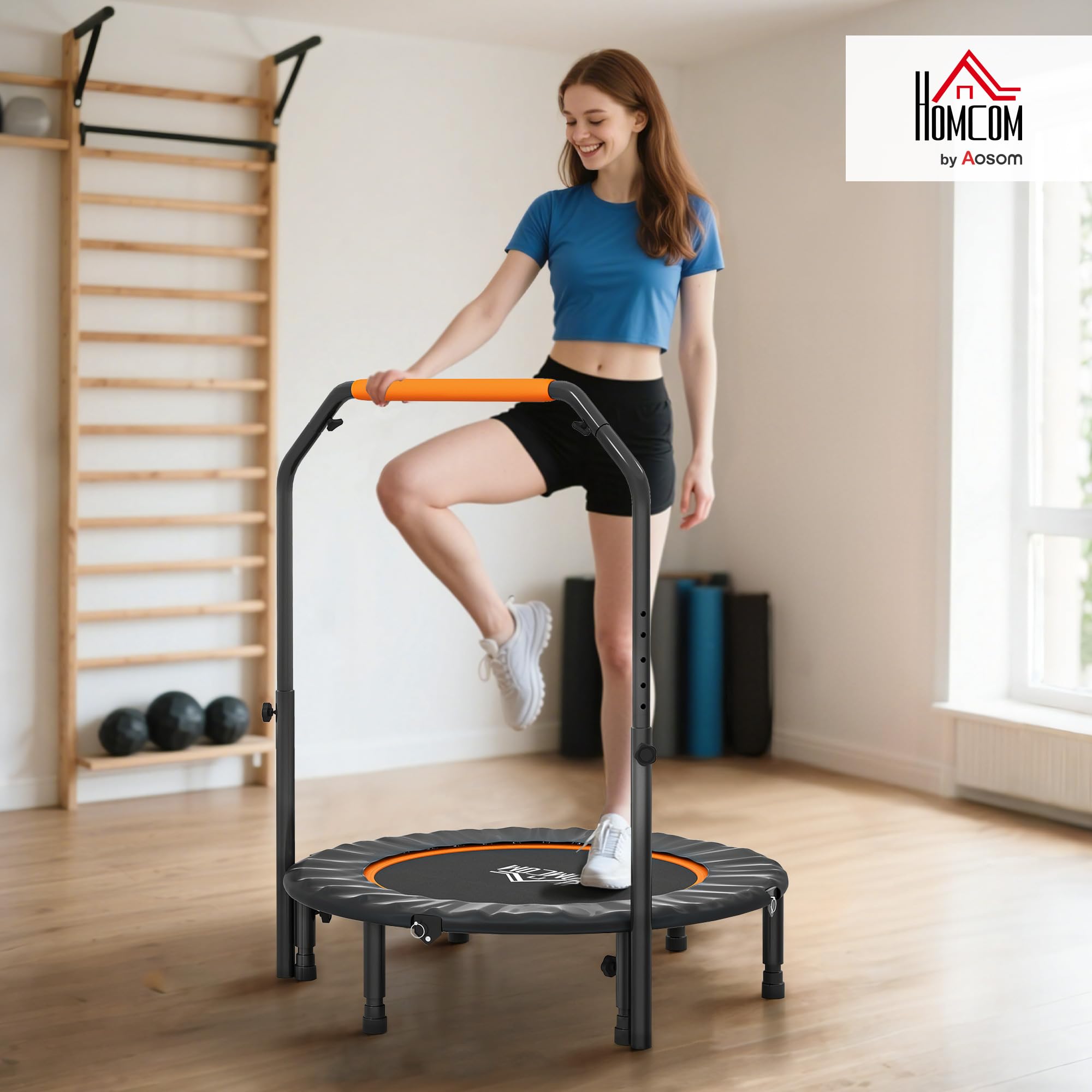 HOMCOM 102 cm Fitness-Trampolin, Faltbares Mini-Trampolin mit vierfach höhenverstellbarem Haltegriff, Fitness-Rebounder für Erwachsene, bis 150 kg