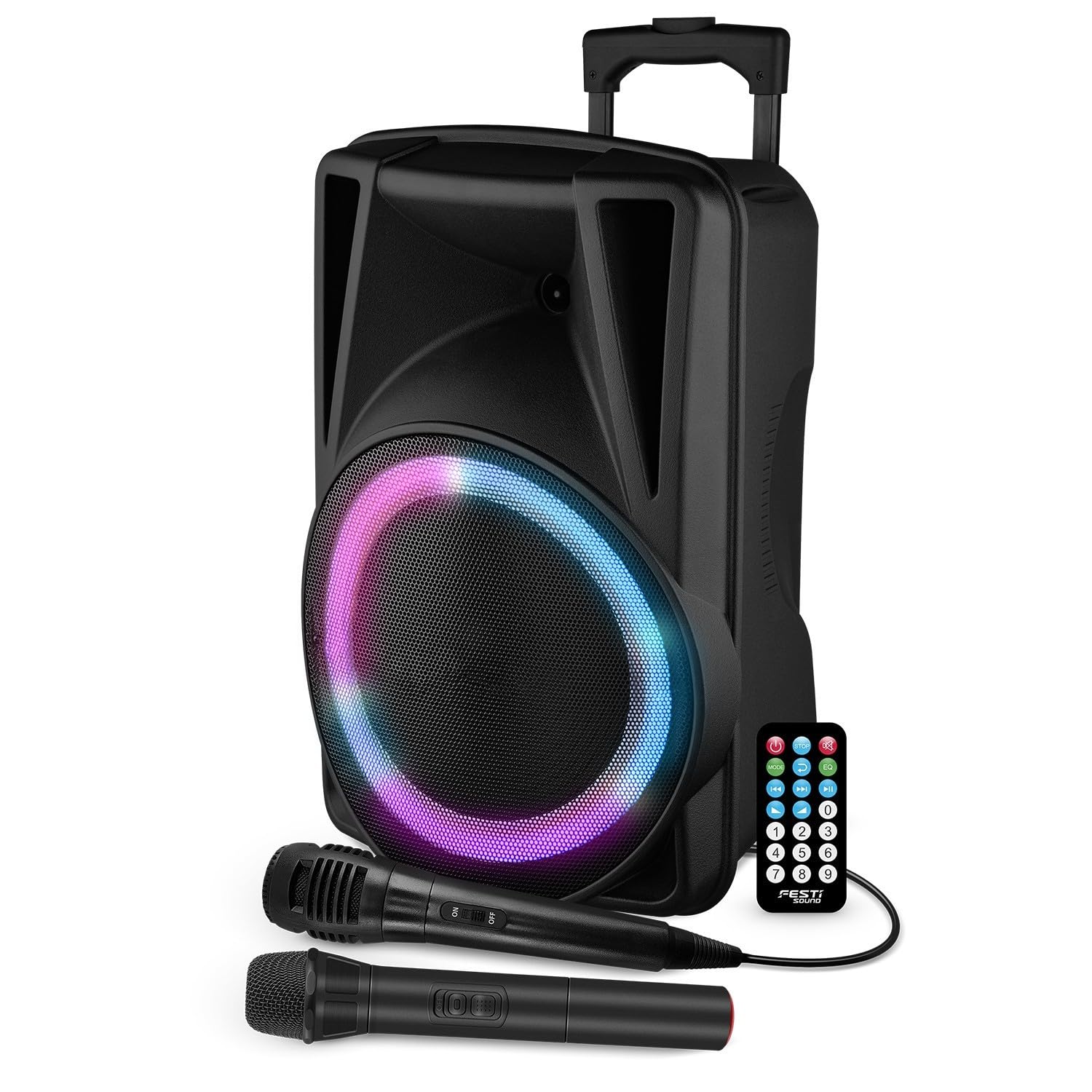 Enceinte Active FESTI12-12" 31CM - 600W - sur Batterie - Effet Ring LED - USB SD Bluetooth TWS - 2 Micros