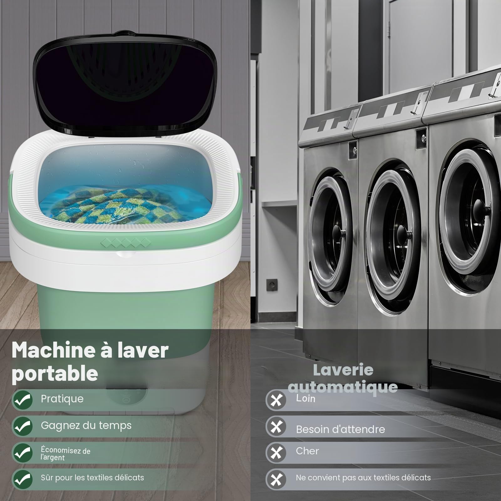 Mini Machine à Laver Portable 12L avec 3 Modes de Nettoyage & Panier d'Essorage Amovible
