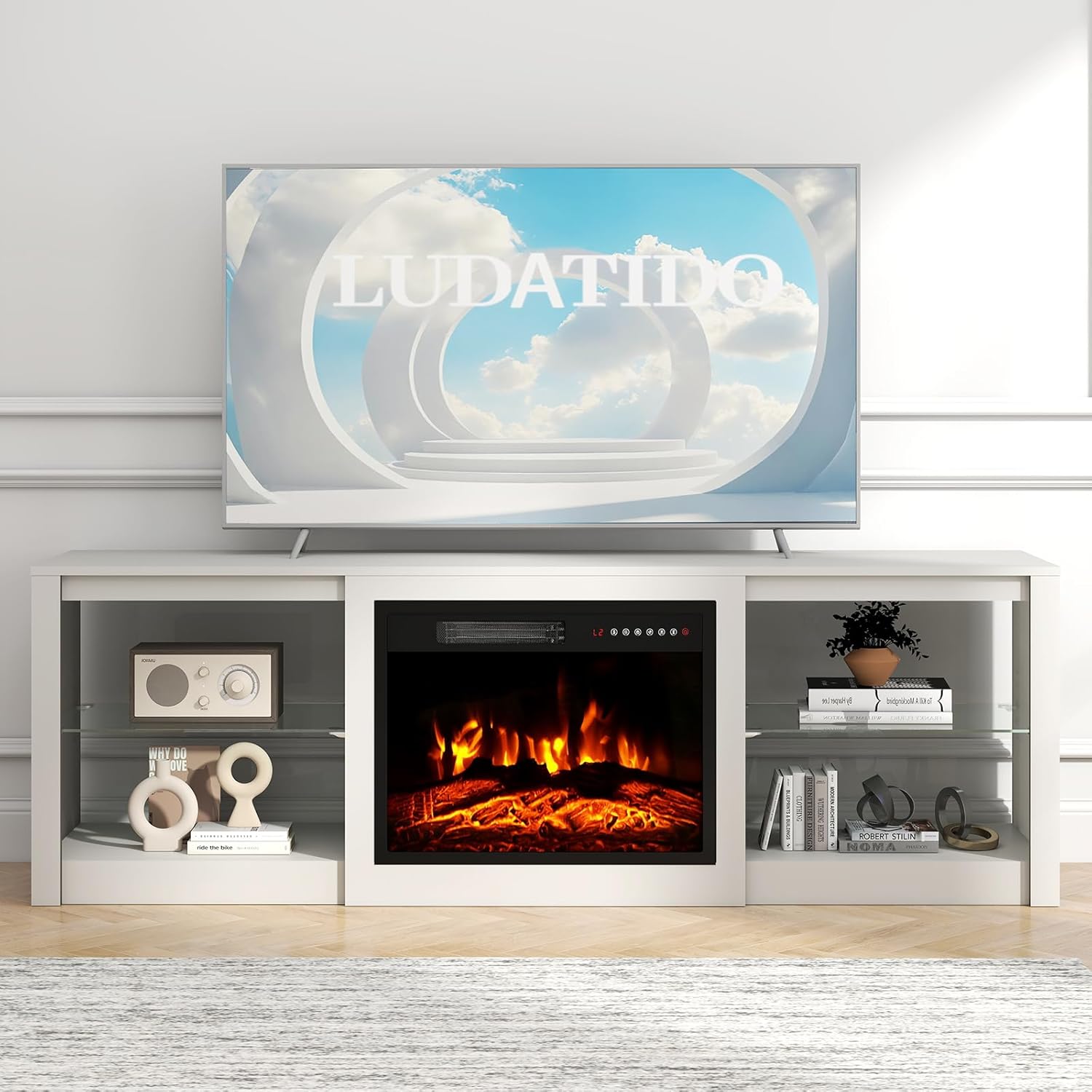 Ludatido 70 Inch Fireplace TV Stand with 23" Fireplace Insert, Entertainment Center with 14-Color LED Lights, Open Storage, Adjustable Glass Shelves, Black TV Stand for Living Room Fits up to 80" TVs