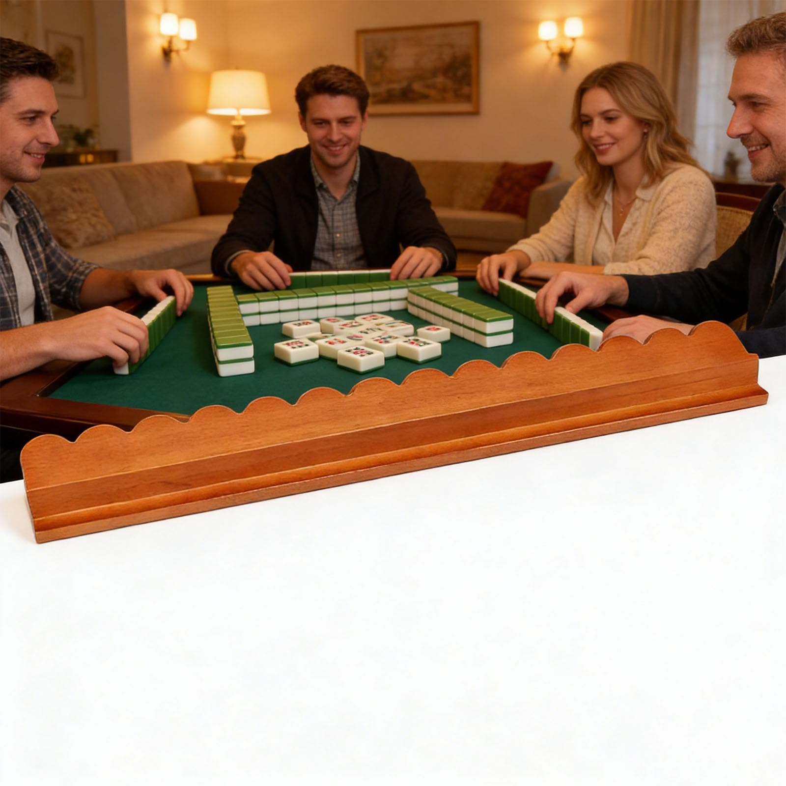 Holz Mahjong Ständer mit Drücker und gewelltem Design, 17-Zoll Fliesenhalter für America Spielzubehör, Holzfliesenhalter