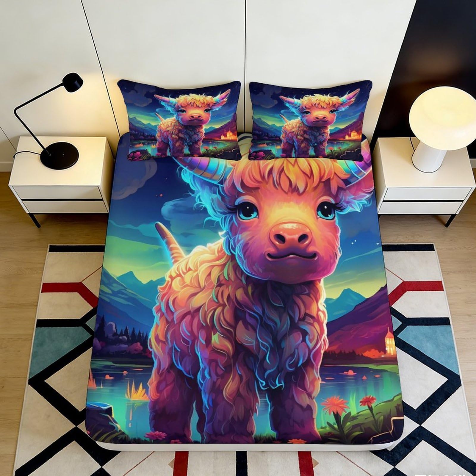 3D Printed Highland Cow Fitted Sheet Microfiber Vibrant Pastel Farm Animal Mattress Cover for Bedroom Dorm Decor 90x200x25cm