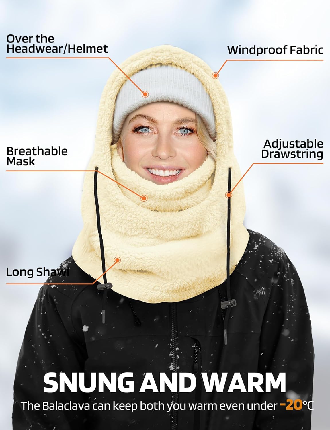 AURUZA Balaclava Face Mask for Men Women Winter Hat Neck Windproof Fleece Ski Mask Warm Face Cover Scarf (US, Alpha, Large, Plush Beige) - Image 3
