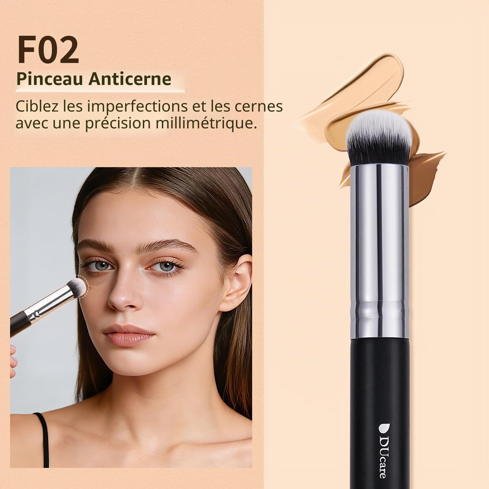 DUcare Lot de 3 pinceaux de maquillage pour le visage - Fond de teint, correcteur, blush - Poils doux et denses - Pour estomper la crème liquide, le polissage, l'anti-cernes