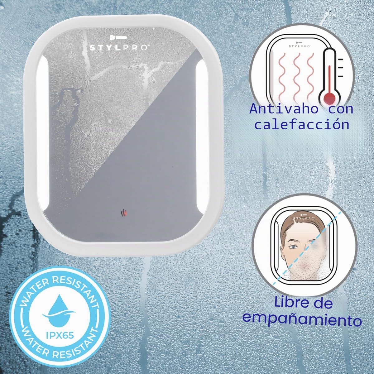 STYLPRO Espejo de baño antivaho: calefaccionado, iluminación LED, succión Segura, escobilla de Goma incluida. Hace Que Afeitar, Limpiar y Lavar en la Ducha Sea fácil. Resistente al Agua, Recargable,