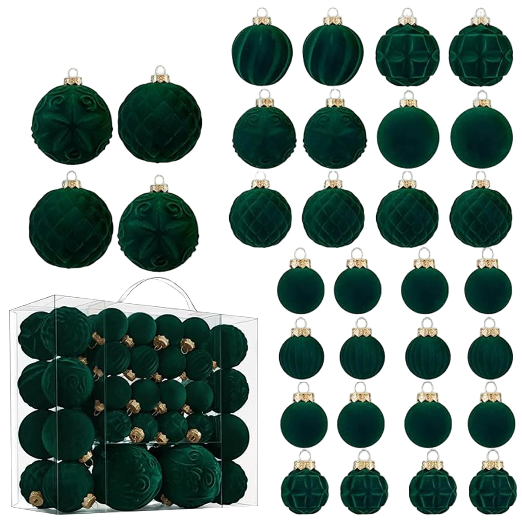 46 Pezzi Ornamenti Natalizi in Velluto 3 Dimensioni Ornamenti Vintage Floccati con Palline di Natale Infrangibili per Albero di Natale Vacanze Festa di Nozze Verde Scuro, Palla