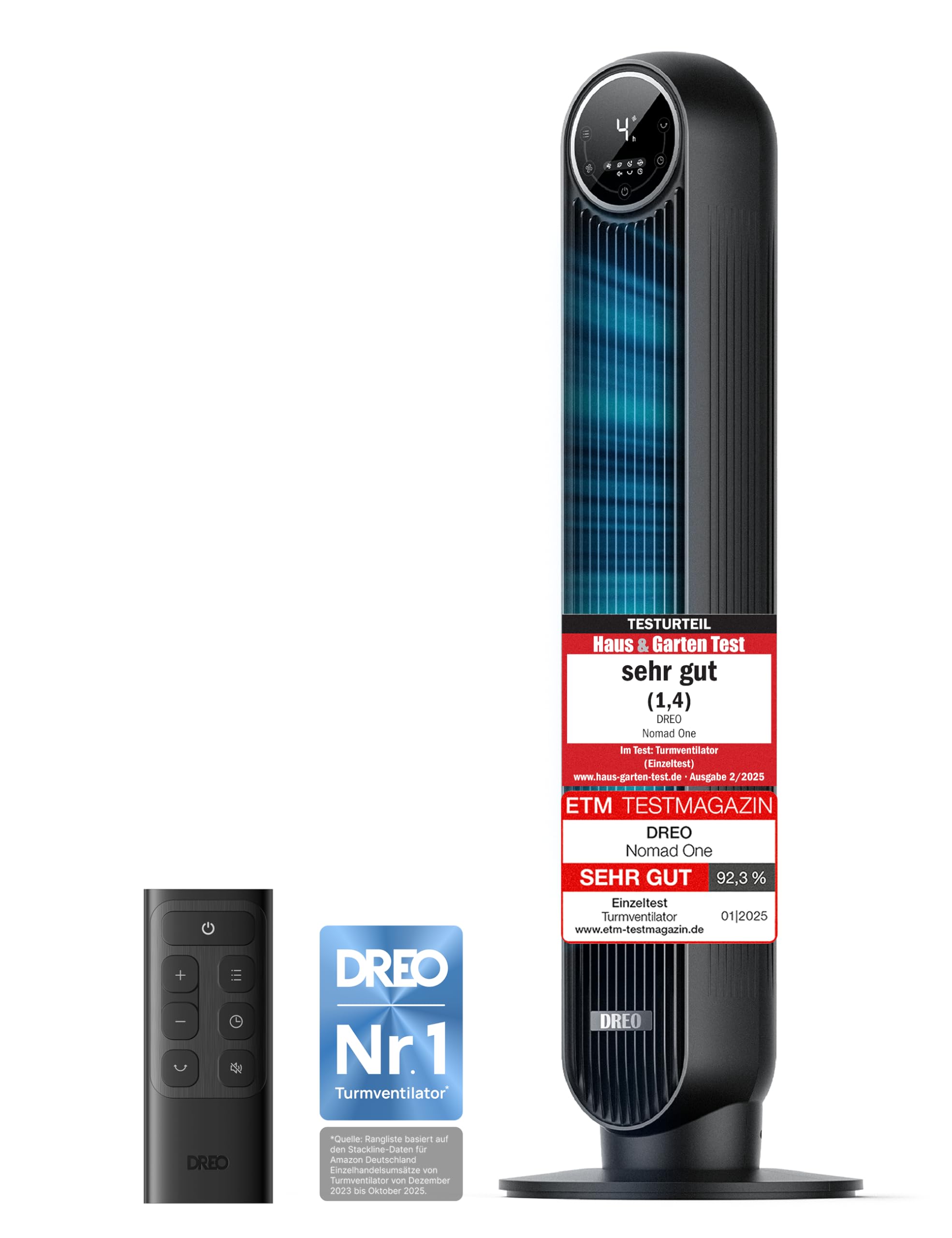 DREO 20dB Leiser Turmventilator, 10 m Wurfweite 4 Geschwindigstufen 4 Modi 8 Std. Timer 90° oszillierende Ventilator mit Kühlung Fernbedienung für Schlafzimmer, Nomad One, Schwarz