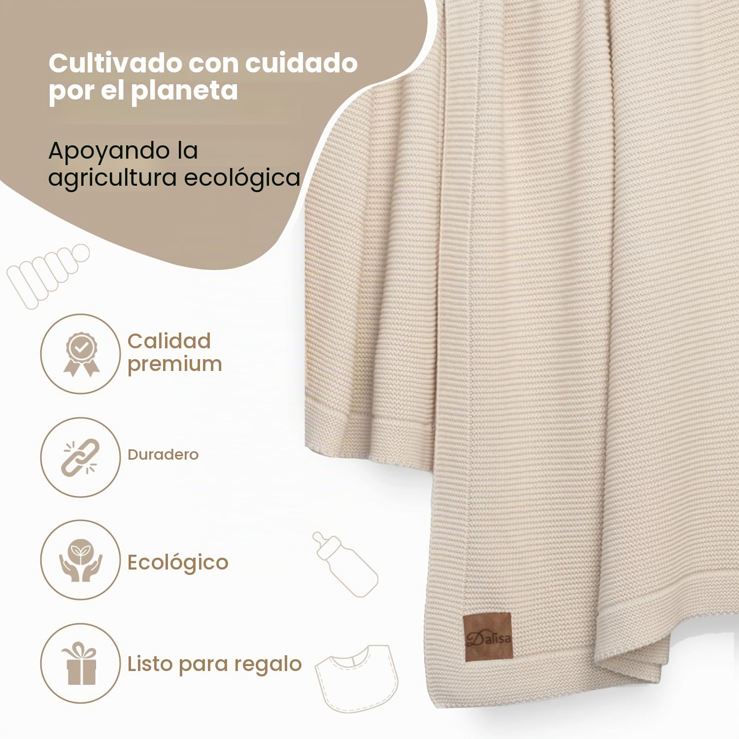 Dalisa Manta de punto 100% algodón, color beige natural, 130 x 150 cm, certificado GOTS, suave y acogedor, prelavado, lavable a máquina, en caja de regalo.