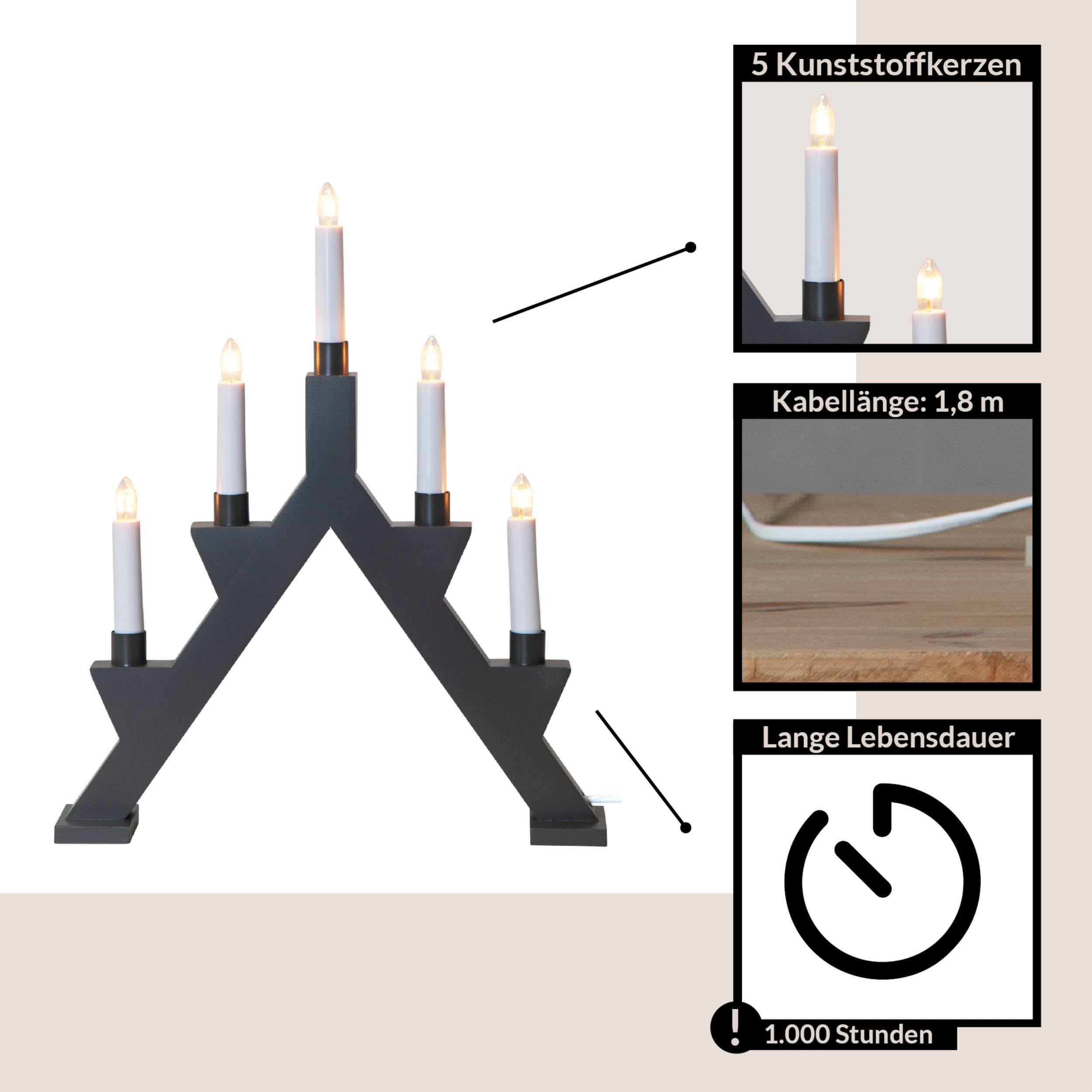 EGLO Lichterbogen Weihnachten 5-flammig, Fensterleuchter aus Holz in Grau | Kerzenleuchter skandinavisch mit Kabel, Weihnachtsbeleuchtung Fenster warmweiß, E10 Fassung, 41 cm