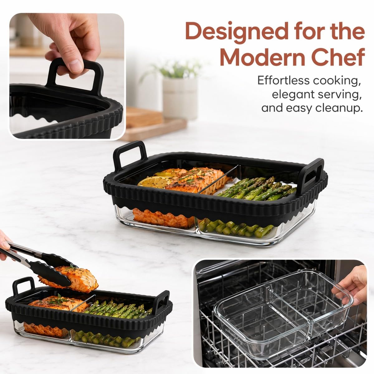 2 Pz Pirofila Airfryer con 1 Pinze da Cucina, 21x16x7 cm Teglia Vetro da Forno con Manici in Silicone Rimovibili Pirofila in Vetro Compatibile con Ninja AF400EU/DZ400EU/SL400EU/COSORI/AF500EU