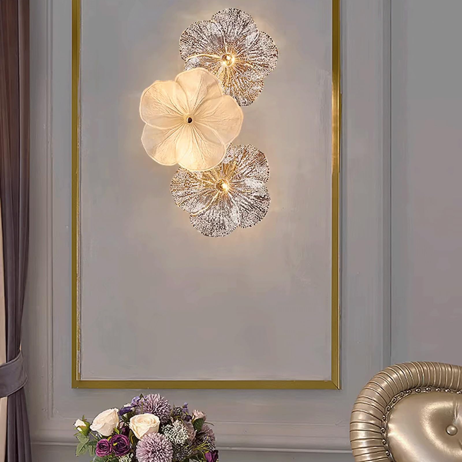 Applique da Parete Creativa con Paralume in Vetro a Forma di Fiore, Lampada da Parete di Lusso for Camera da Letto, Soggiorno, corridoio, luci da Parete(19x33cm)