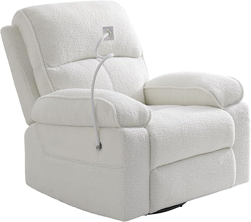Teddy - Mecedora giratoria de forro polar con soporte para teléfono, silla reclinable manual dorada con reposapiés ancho para sala de estar y