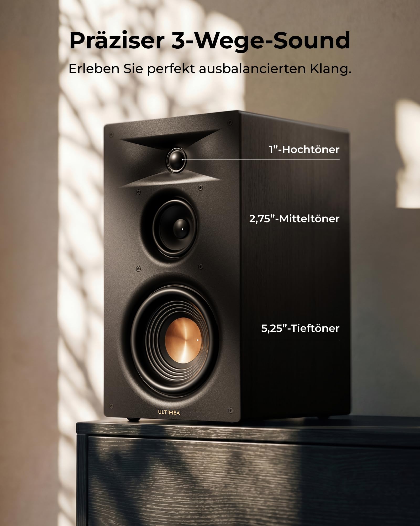 ULTIMEA Aktive 3-Wege-Regallautsprecher, 70W RMS Aktivlautsprecher mit 5,25" Tieftöner, App, Bluetooth 6.0, HDMI ARC, mit Subwoofer-Ausgang für Heimkino, TV, PC & Plattenspieler, Studio Monitor, BS-3