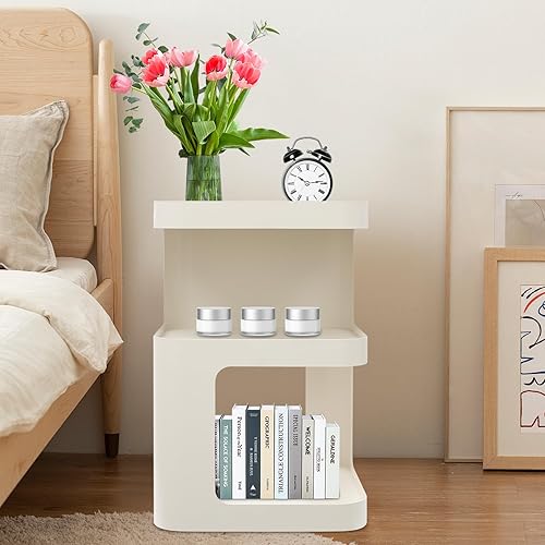 Mesa auxiliar moderna de metal, mesa auxiliar pequeña de acero al carbono de 3 niveles, para sala de estar, dormitorio, no requiere montaje (blanco)
