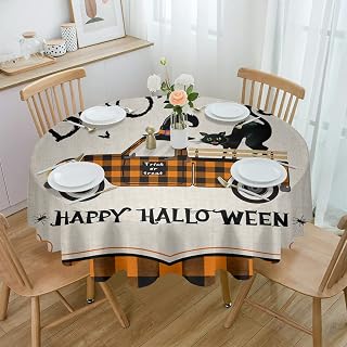 Yun Nist Waterproof Tablecloth,Boo Halloween Truck Black Cat Round Table Cover Oil-Proof Tabletop Decor,Orange Black Plaid Retro Linen Washable Table Cloths for Kitchen Dining Outdoor Picnic 60in