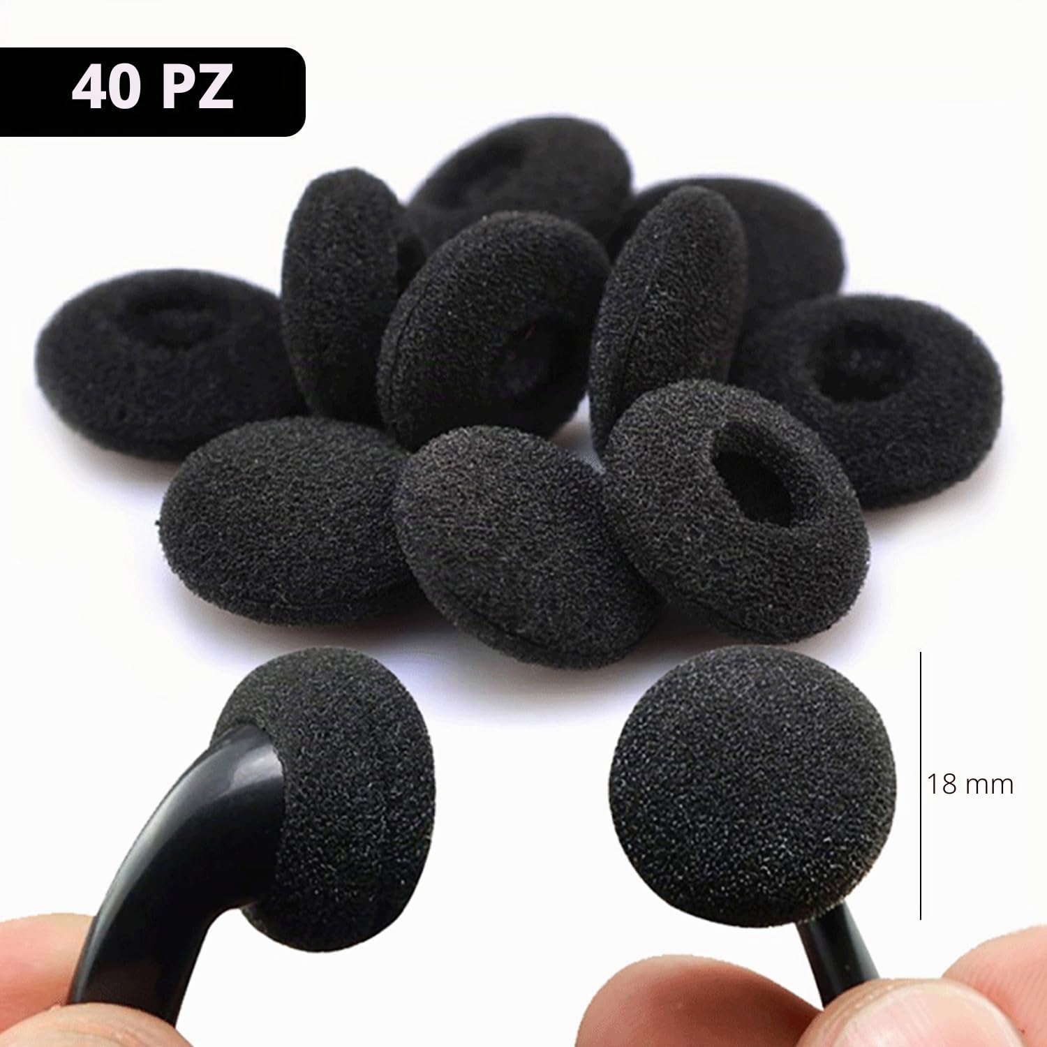 40 spugne di ricambio per cuffie, cuscinetti auricolari, punte in spugna di ricambio, cuscinetti in schiuma per cuffie da 18 mm (nero)