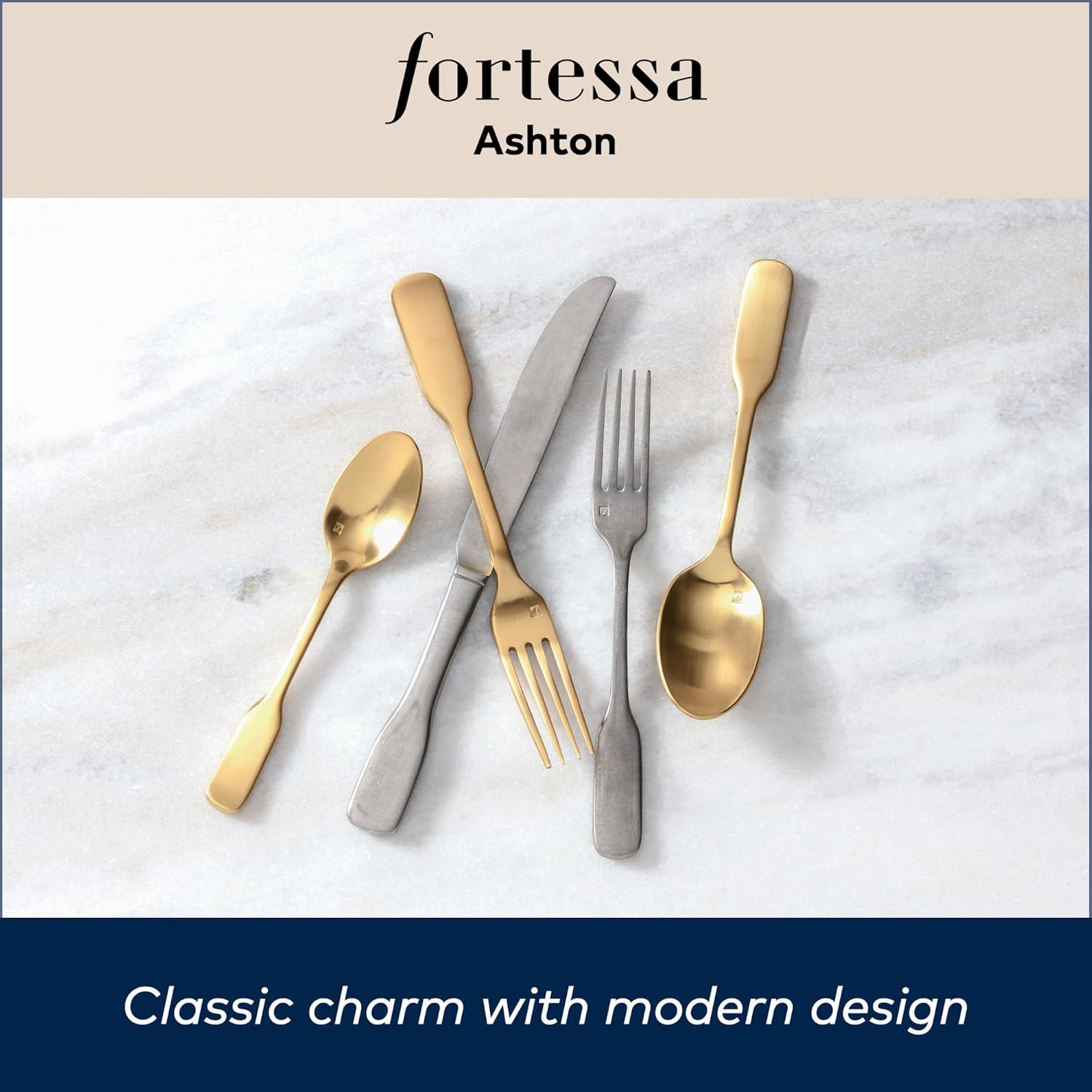 FORTESSA Ashton 18/10 Stainless Steel Flatware, 5 Piece Place Setting With Knife, Forks and Spoons (Service For 1), Dishwasher Safe, Antiqued