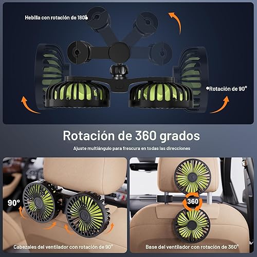Miniatura 4 de Ventiladores de refrigeración USB para asiento trasero ventilador de coche de doble cabezal para niños, 3 velocidades, ventiladores giratorios de