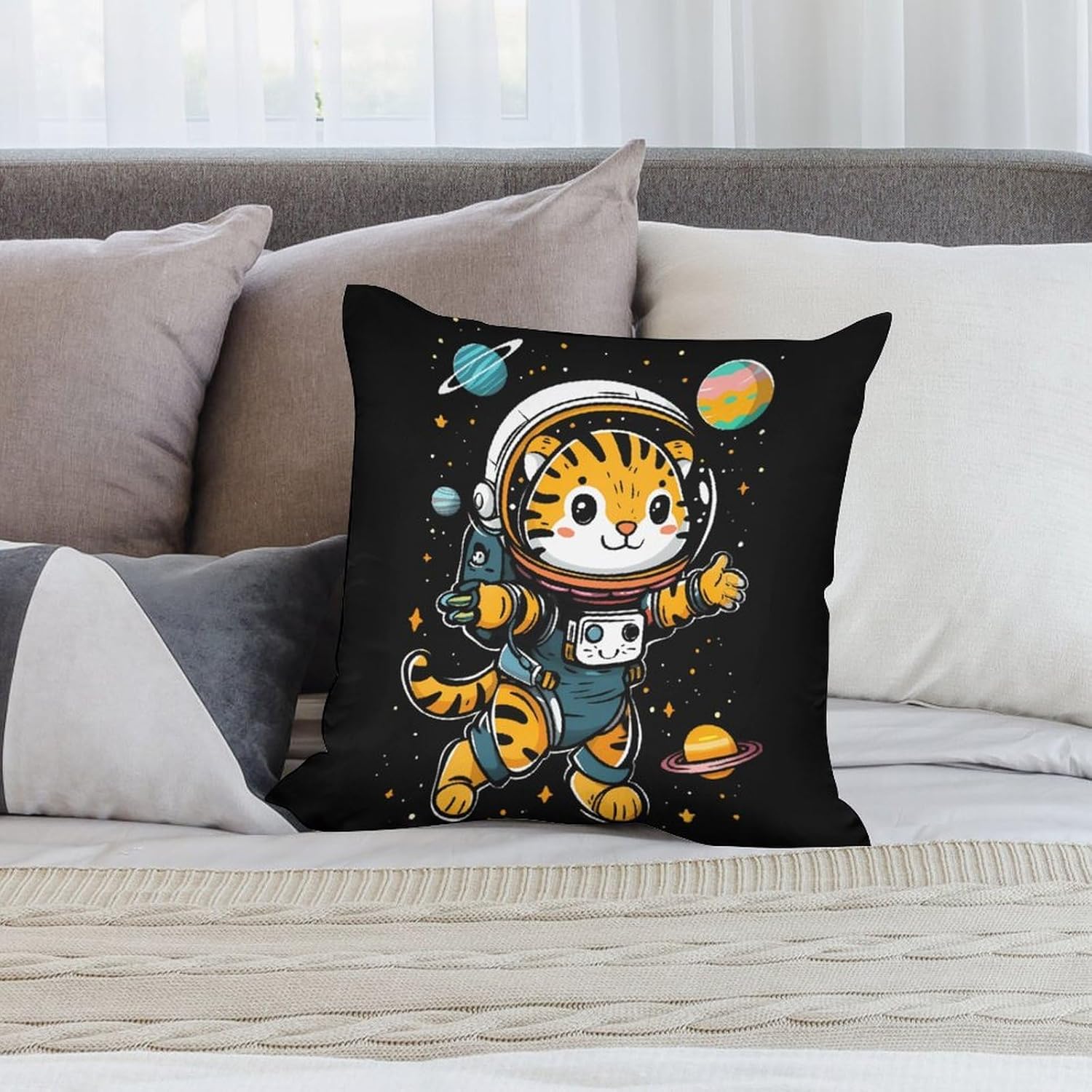 Tiger Astronaut Planet Printed Throw Pillow Case 4 Pcs Soft Pillowcases Pillows Covers Sofa Bed Decor 12/14/16/17/18/20/22/24/32 Inches