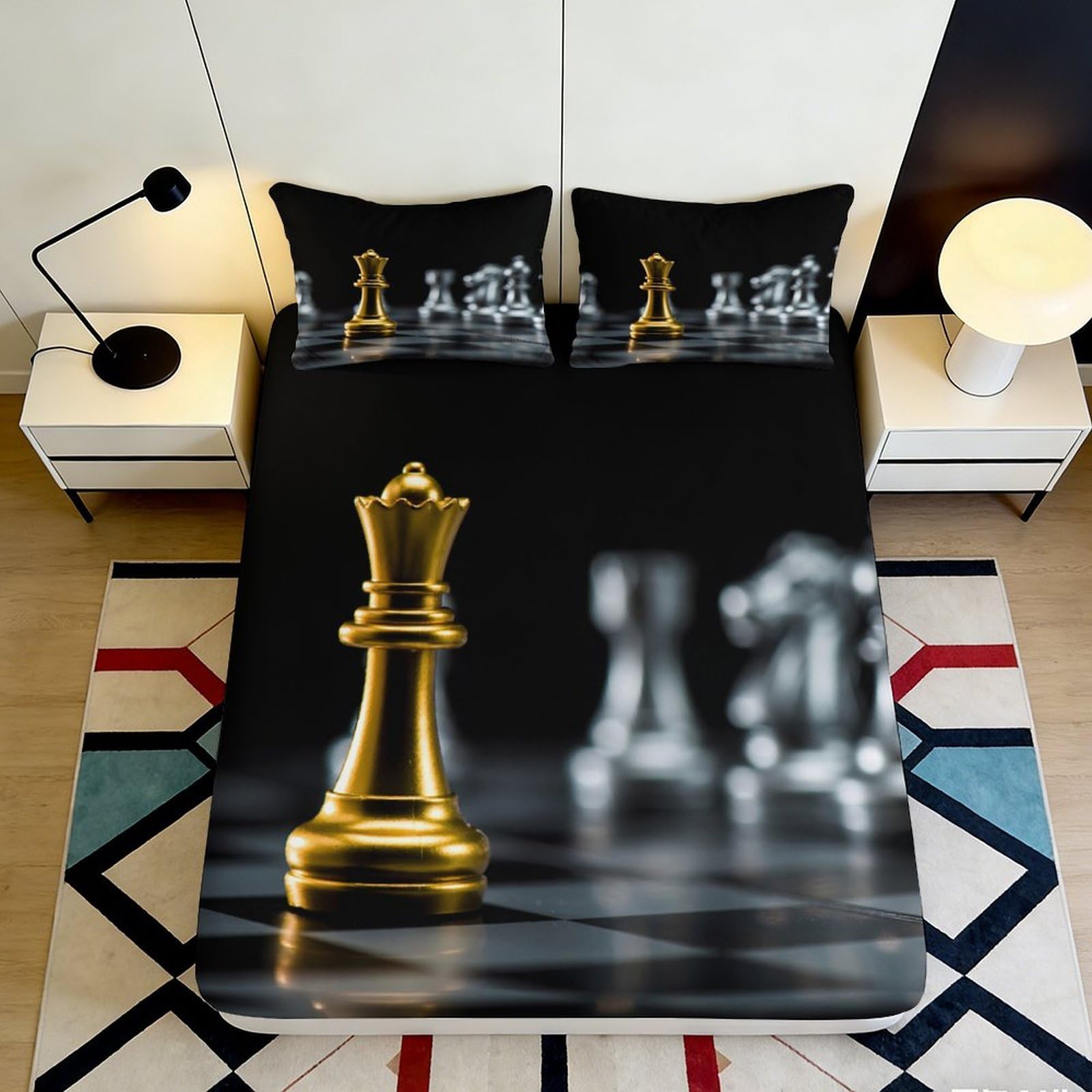 3D Printed Golden Chess Fitted Sheet Microfiber Soft Bedroom Artistic Black White Chessboard Mattress Cover Decor 90x200x25cm