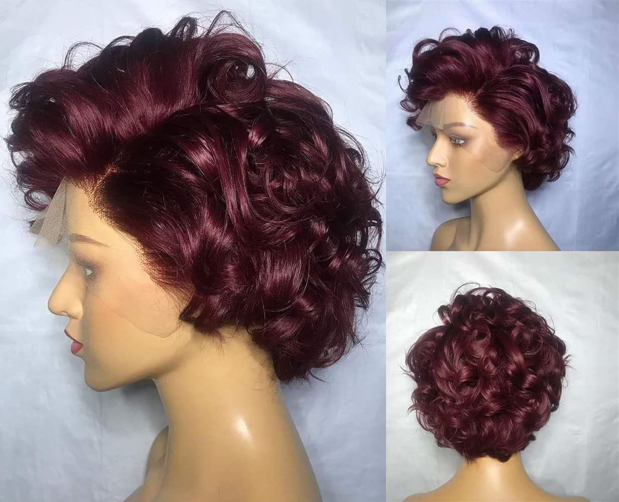 Bejoy Hair 99J Pixie Wigs Curly Human Hair Wigs 10A Virgin Hair Lace Front Wigs Wine Red Wave Wigs Pre-Plucked Pixie Cut Wig for Black Women 8 inch