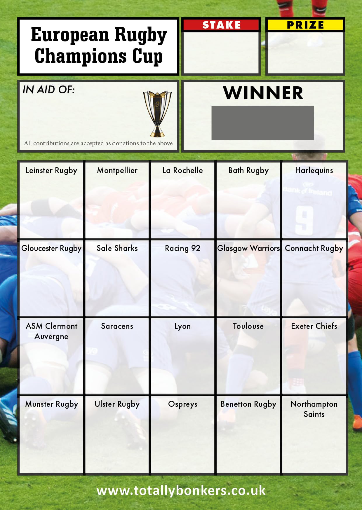Totally Bonkers, Rugby Union (European Champions) Fundraising Scratch Cards, 20 Square, A6 (148x105mm) -10 Pack, TB0051