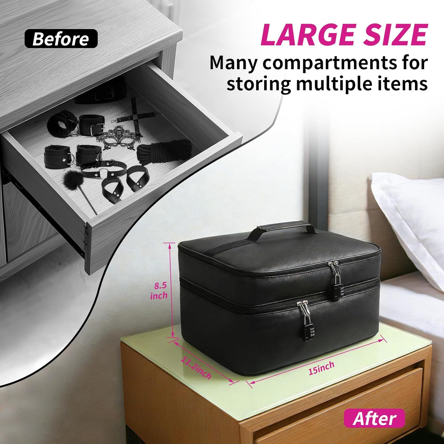 Large Lockable Adult Toy Storage Bag, Toy Box Adult Toy Gaming Storage Organizer Case,2-Layer Discreet Toy Bag with Dual Locks, Reusable StorageToy Bags for Women and Men with 6 Pcs Drawstring Bags