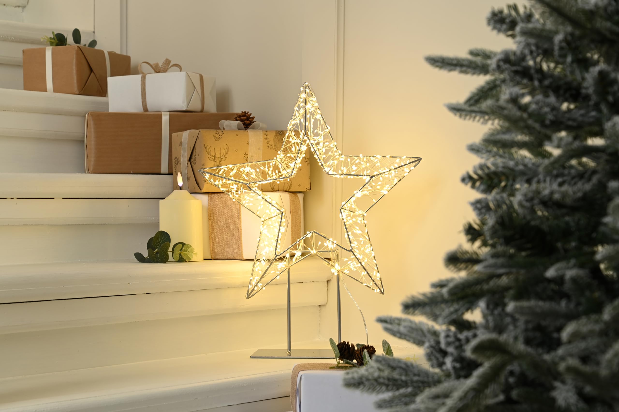 Festive 46 cm de alto, 720 LED de color blanco cálido, luz de estrella en soporte, cable de 5 m