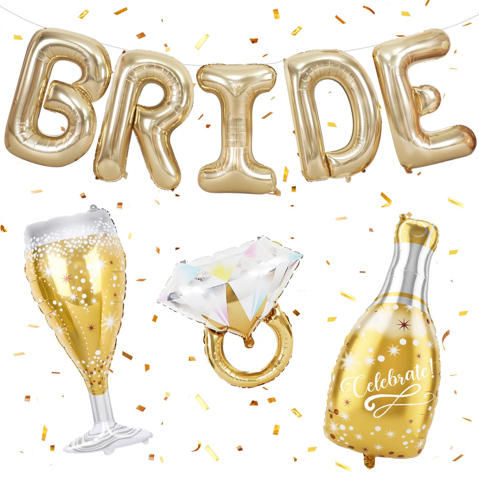 Gold Bachelorette Party Decorations, Gold Bride to Be Banner Heart Balloons with Diamond Ring Foil Balloon, Bride to Be  — deal on Shopping With Noya