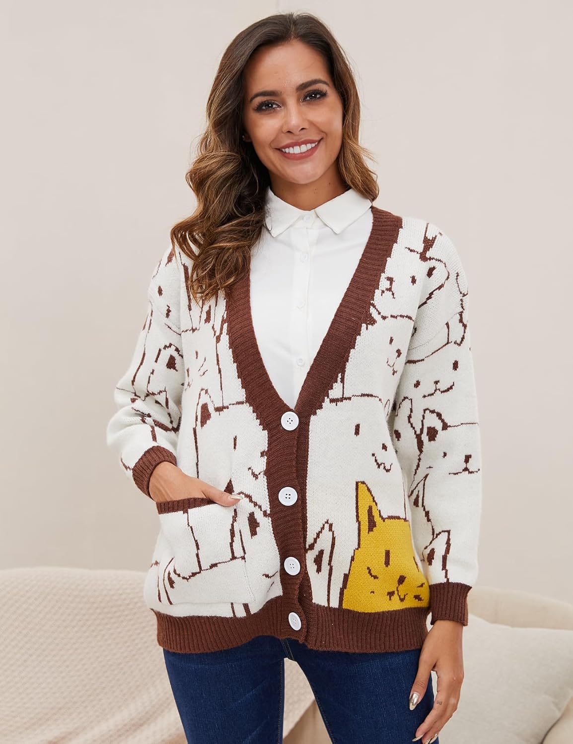 Wyeysyt Cat Sweater for Women Casual Button Down V Neck Cable Knit Cardigan Cute Kawaii Cartoon Cardigan Coat - Image 3