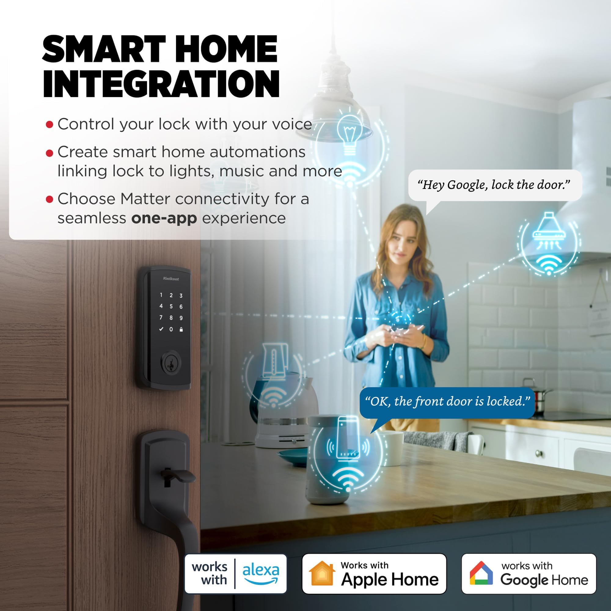 Kwikset Halo Select Plus Touchscreen nero opaco Tasti Apple Home Tap-to-Unlock, Wi-Fi e Matter Enabled Smart Lock catenaccio con sensore di stato porta e rilevamento intrusioni