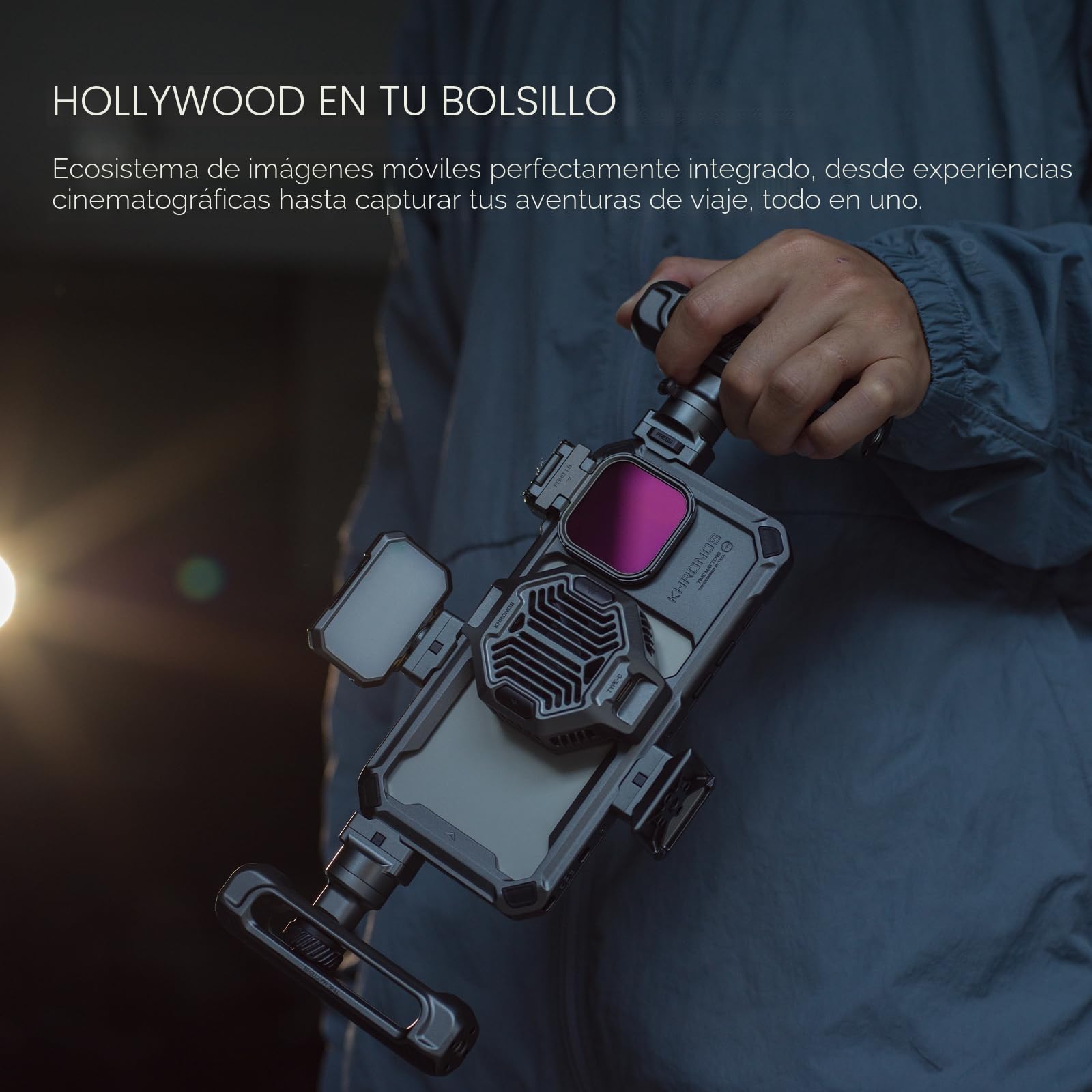 TILTA Khronos - Jaula de teléfono para iPhone 15 Pro Max con mini panel LED y mango Focus PD, equipo de video móvil, estabilizador de funda para smartphone, kit básico de titanio blanco TK-IP15-PMB-TW