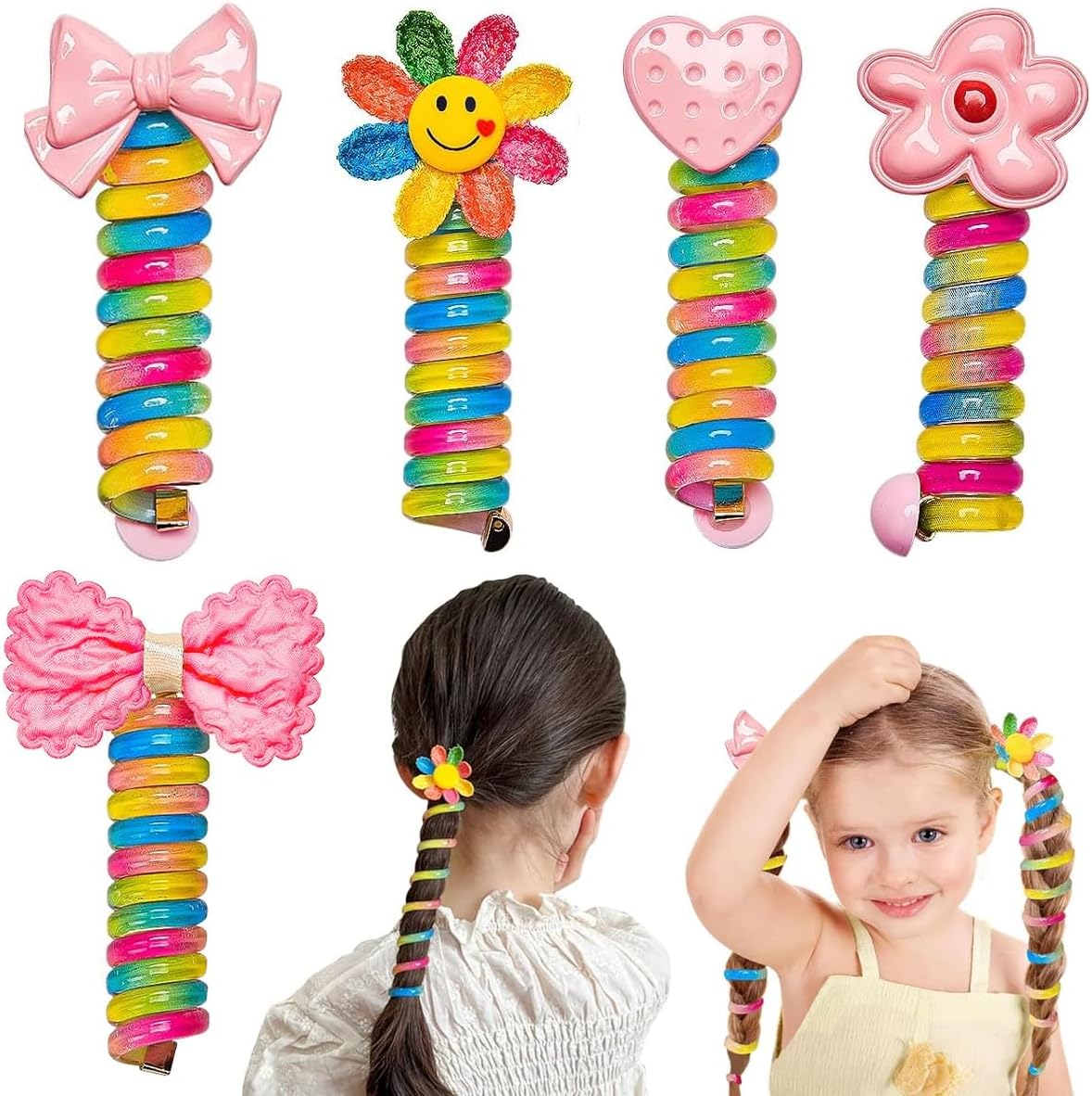 PALAYยฎ 5pcs Telephone Wire Hair Band for Kids Elastic Spiral Hair Ties for Girls Cute Cartoon Braids Ponytail Holder Maker Hair Accessories for Girls Children Gift