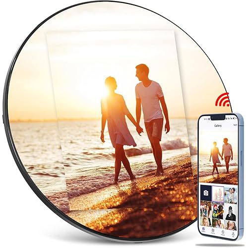 Digital Mirror Picture Frame, Touch Screen Smart WiFi Round Photo Frame Electronic, 32GB Storage, Share Photos and Video with App, Circle Vanity Mirror for Desk, Wall, Room Decor