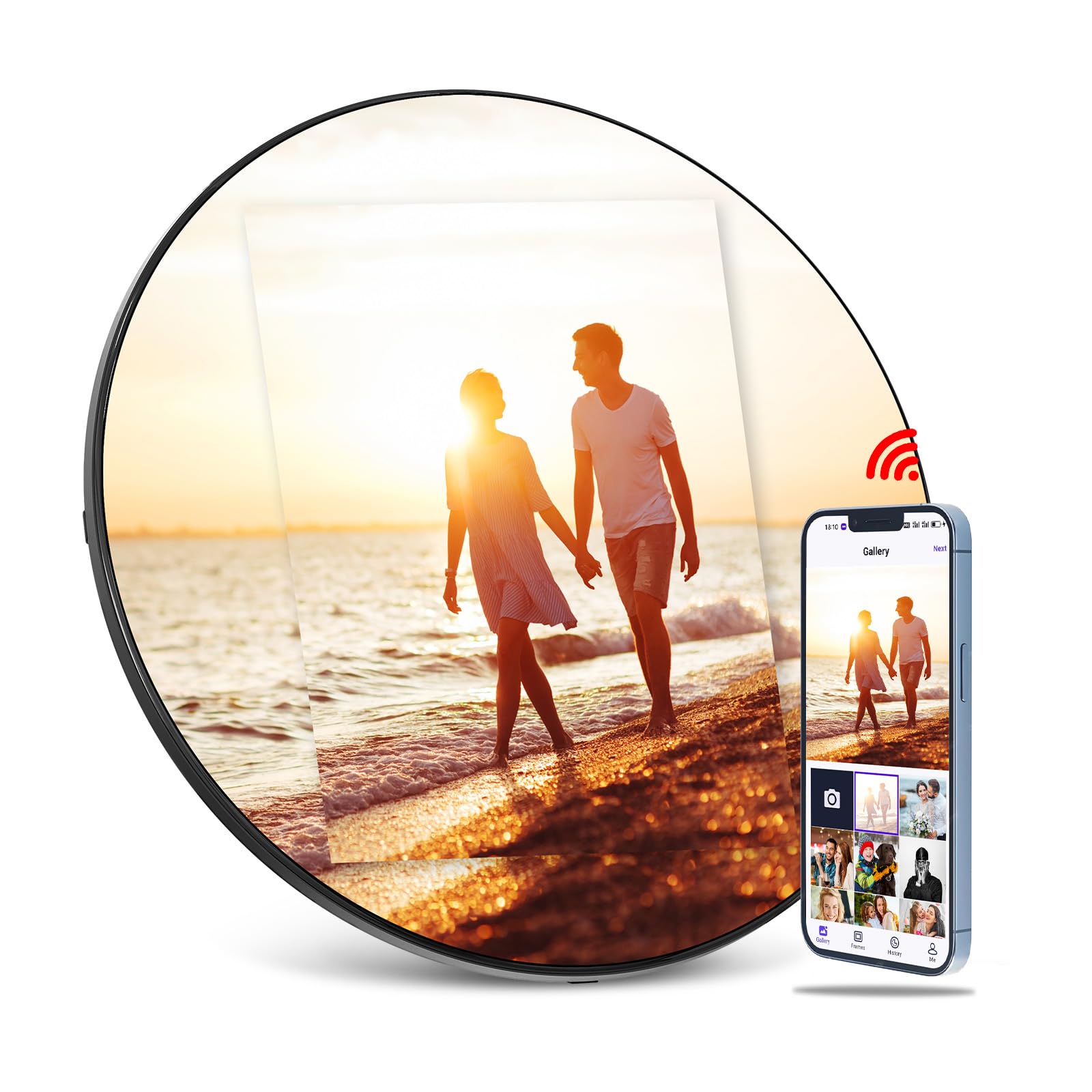 Digital Mirror Picture Frame, Touch Screen Smart WiFi Round Photo Frame Electronic, 32GB Storage, Share Photos and Video with App, Circle Vanity