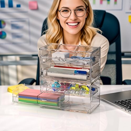 Miniatura 6 de Organizador de escritorio Cajón Almacenamiento de oficina 4 cajones de plástico organizadores para accesorios pequeños, caja transparente para