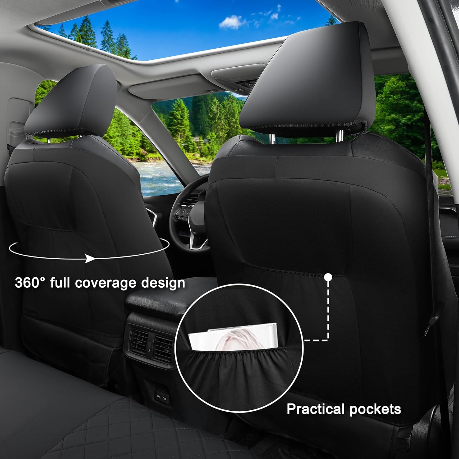 GIANT PANDA Custom Fit Front Seat Covers for Honda CRV CR-V 2023 2024 2025 2026 EX,EX-L,LX,Sport Series,Hybrid, Luxury Faux Leather Car Seat Covers (Black)