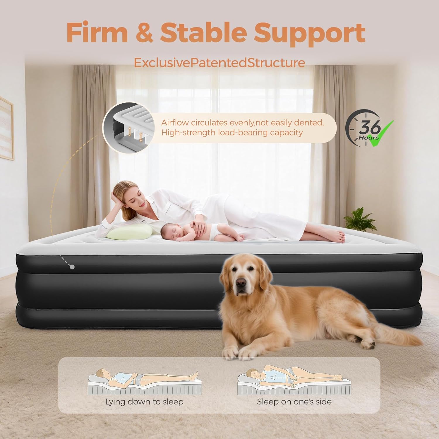 BEBAS Queen Size Air Mattress with Built in Pump Fast Electric Inflation/Deflation Mattress Blow up Bed Inflatable for Home,Guests,Office,Camping Airbed 16 Inch Tall,600lbs Max,Black