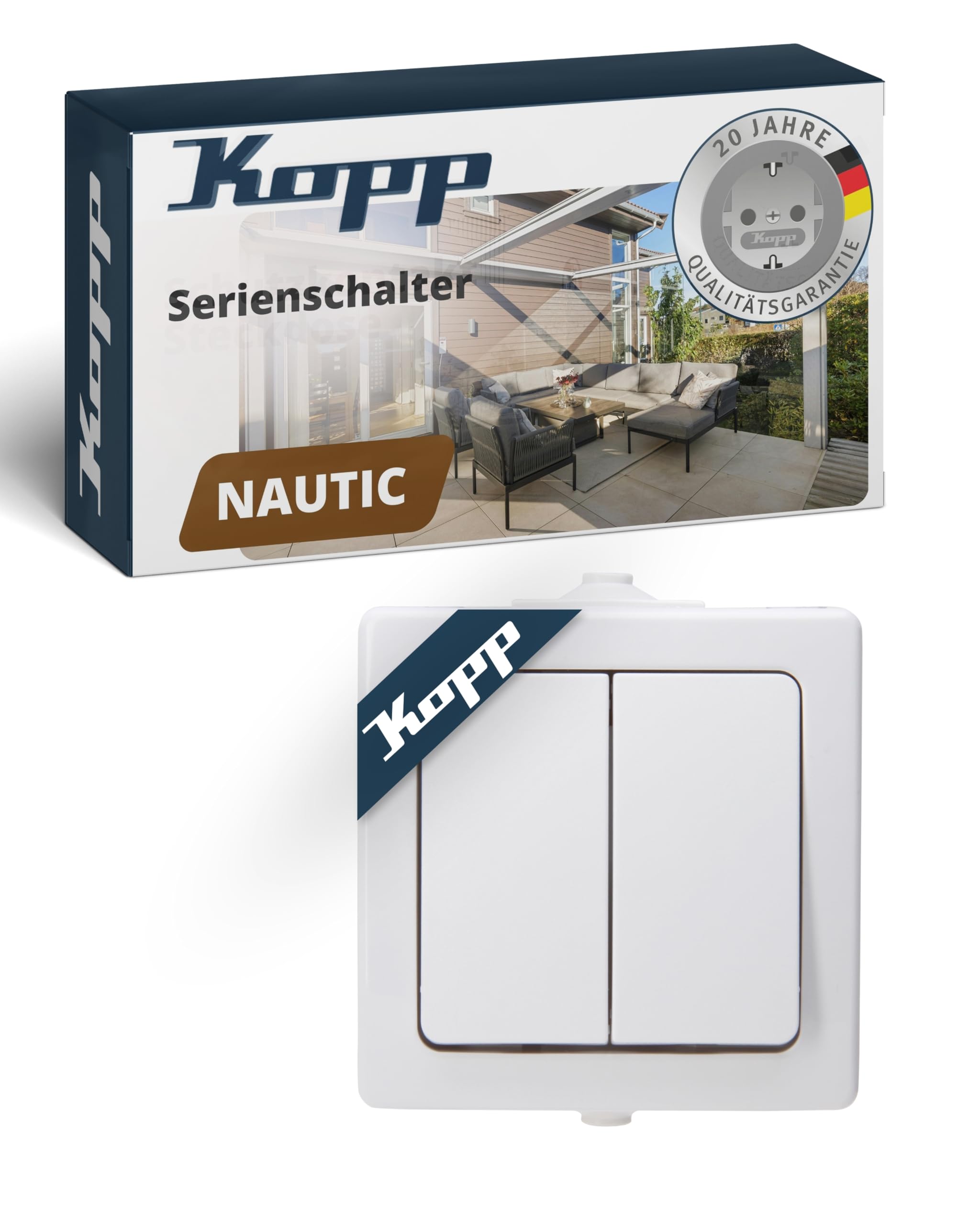 Kopp NAUTIC Serienschalter in Arktis-Weiß - Hochwertiger Doppel-Lichtschalter mit 10AX Schaltvermögen - IP44 Schalter-Aufputz mit Wippe & Steckklemmen - Stilvoller Doppelschalter 250V~