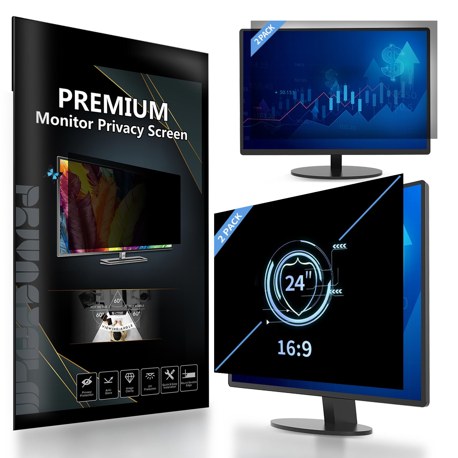 DEJIMAX [2 Pack 24 Inch Computer Screen Privacy Filter for 16:9 Widescreen Monitor,Anti Glare & Blue Light, PC Monitor Screen Privacy Shield,Anti Spy Screen Protector Film