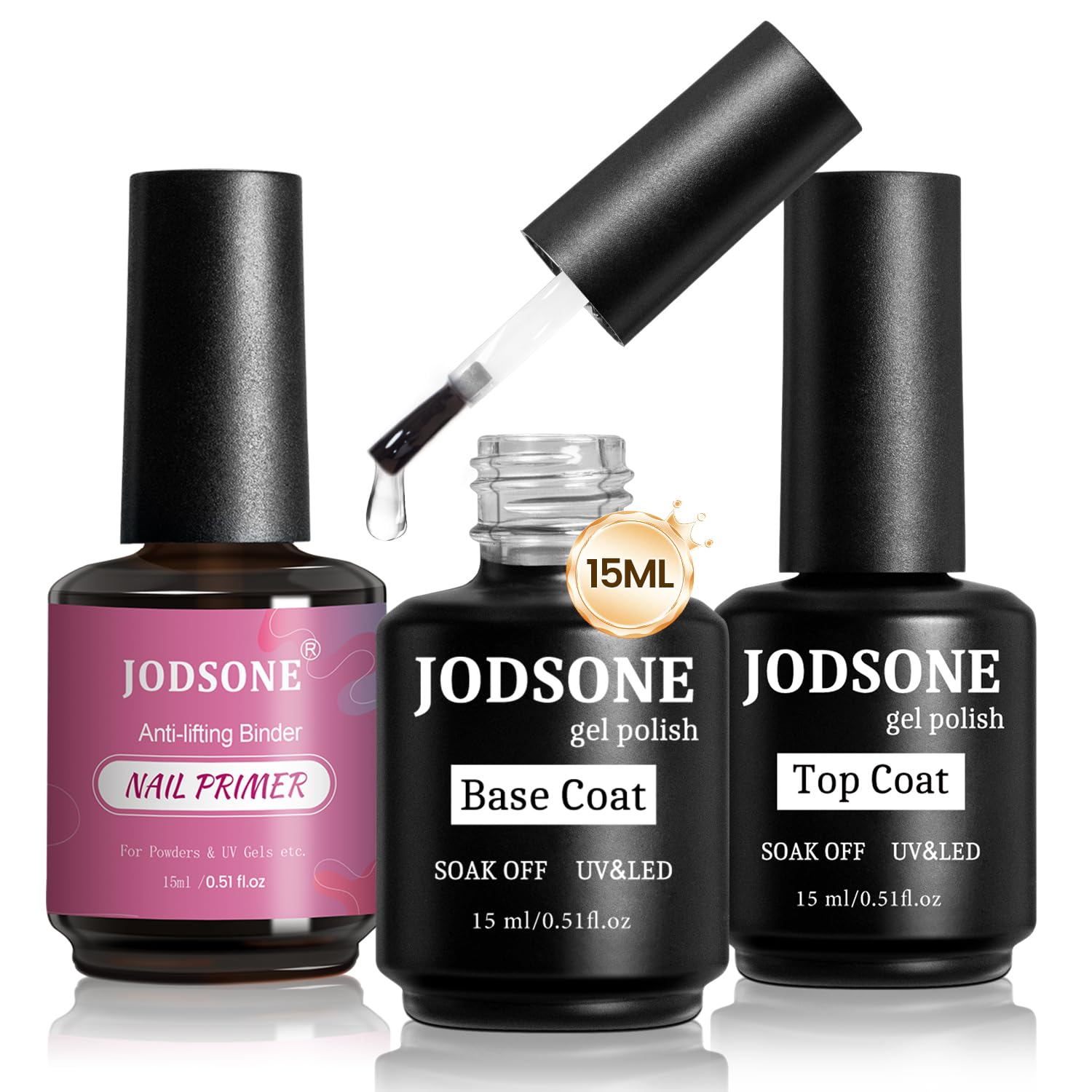 JODSONE 15ml x 3 Nail Primer Base Coat Top Coat Gel UV LED Nagellack Set No Wipe Unterlack & Überlack,glänzend, schnell trocknend, langlebig, DIY-Nagelkunst-Design, langlebiges Geschenk
