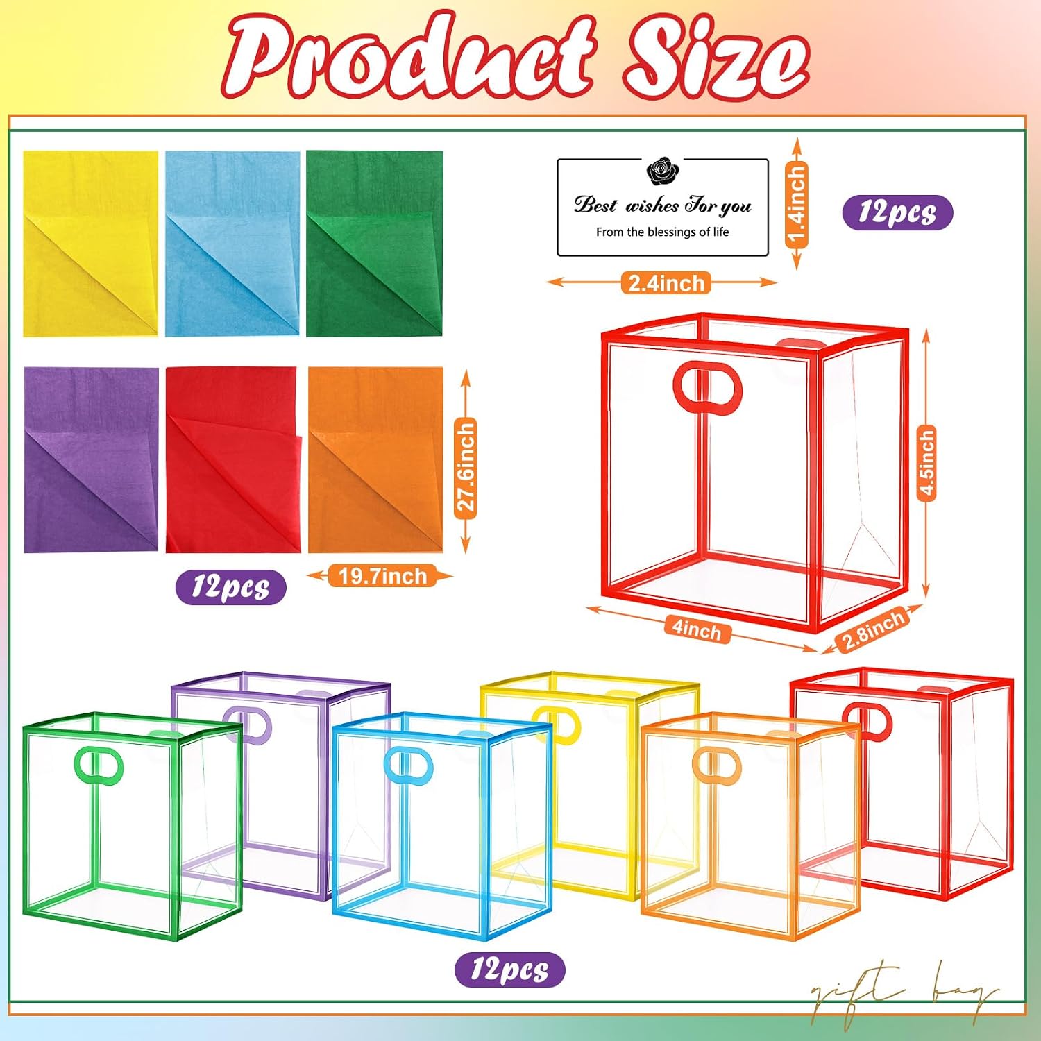Tenare 12 Pack Small Clear Gift Bags with Handles Bulk 4 x 2.8 x 4.5'' Mini Transparent Plastic Gift Bag Tiny Goodie Bag with Ribbon Tissue Paper for Wedding Birthday Shower Party Favor(Rainbow) thumbnail