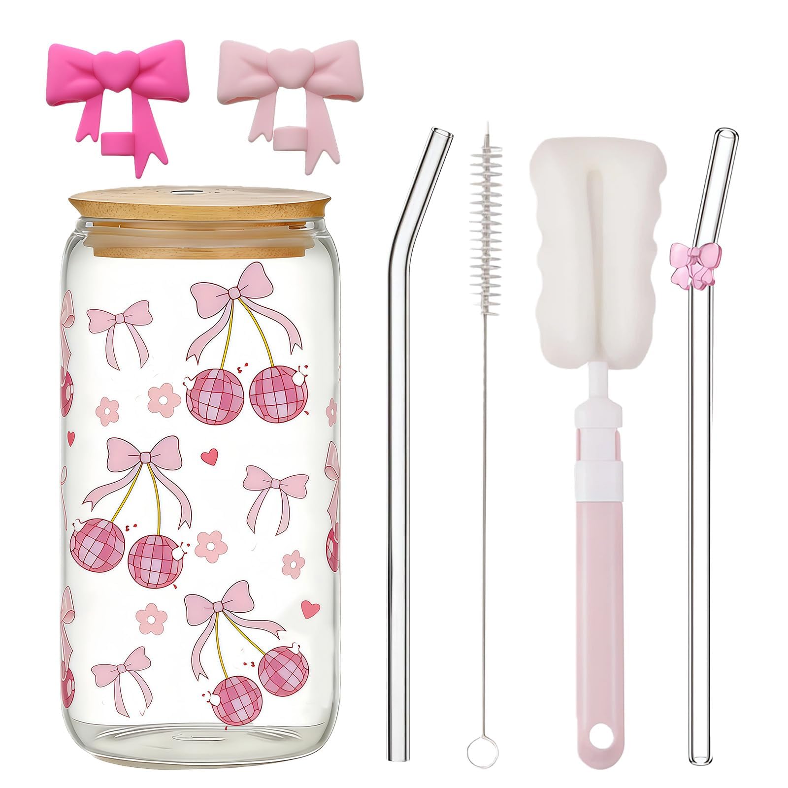 7 Pcs Bow Glass Cup Set, Glass Straws Drinking Cup with Lided Pink Bow Straw Cup Brush and Straw Brush, Cute Mugs Suitable for Making Milk Tea Coffee Milk Juice