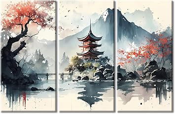 Mount Fuji Canvas Art Japanese Landscape Canvas Painting Temples in Japan Picture Canvas Large Wall Art for Living Room Contemporary Home Decor 3 Panels Stretched on Wooden Frame 60"Wx40"H